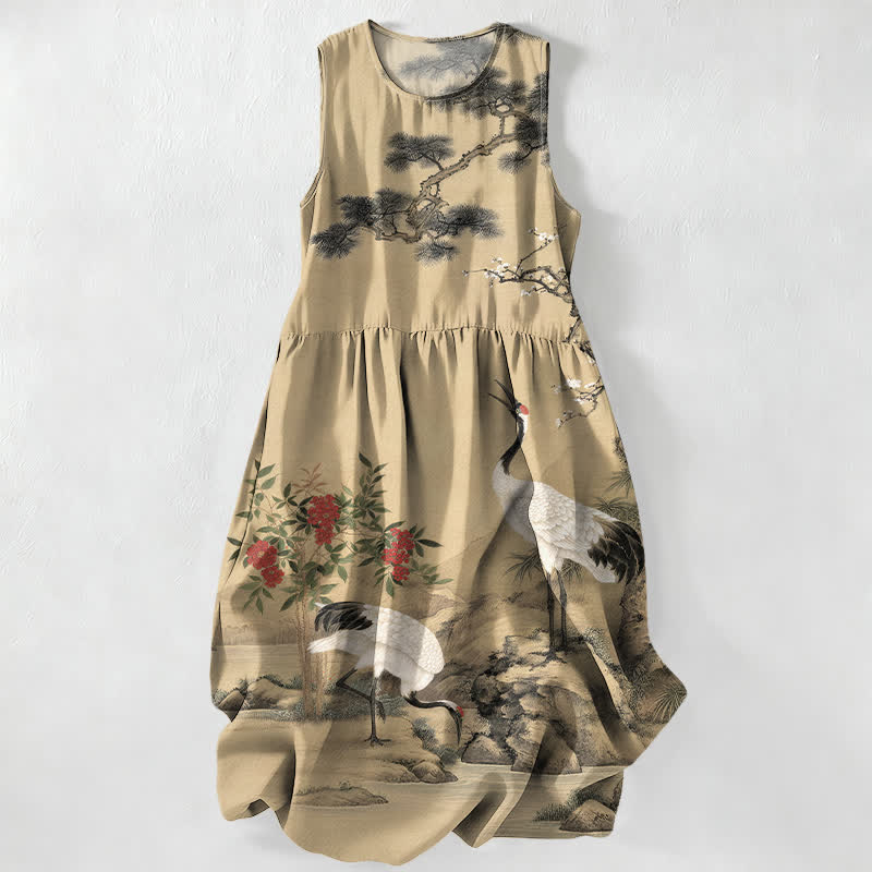 Buddha Stones Summer Casual Red Flower Crane Plum Blossom Pine Branches Pattern Women's Summer Sleeveless Midi Dress With Pockets - Tan - US16，UK/AU20，EU48 (3XL) - image 0