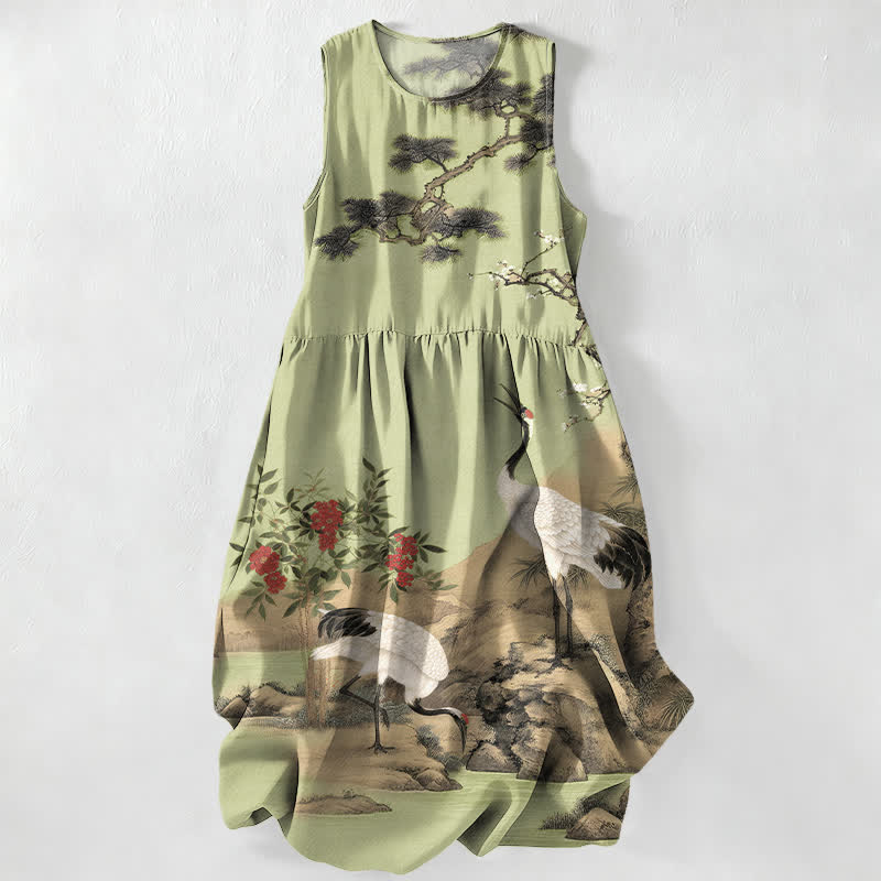 Buddha Stones Summer Casual Red Flower Crane Plum Blossom Pine Branches Pattern Women's Summer Sleeveless Midi Dress With Pockets - YellowGreen - US16，UK/AU20，EU48 (3XL) - image 5