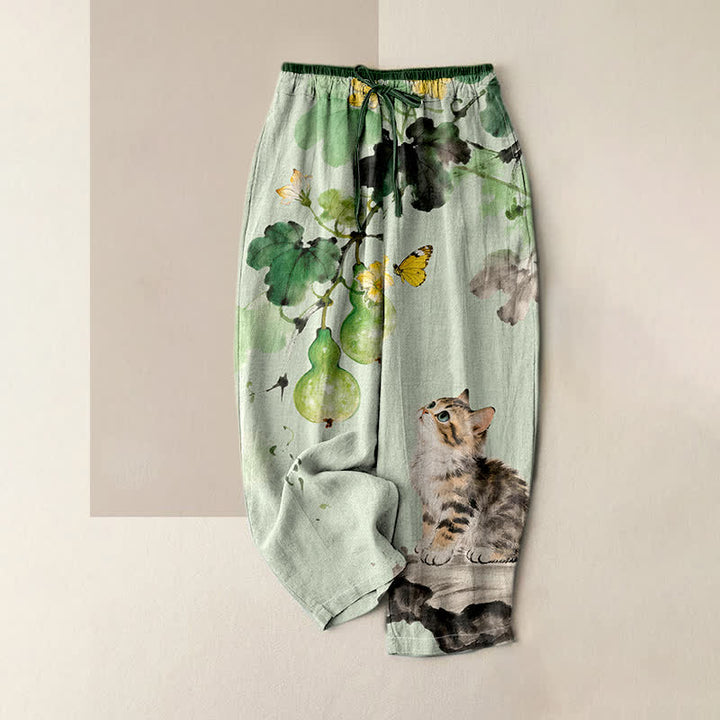 Buddha Stones Pure Cotton Gourd Vines Yellow Butterfly Cat Pattern Women's Elastic Waist Pants With Pockets - PaleGreen - US16，UK/AU20，EU48 (3XL) - image 0