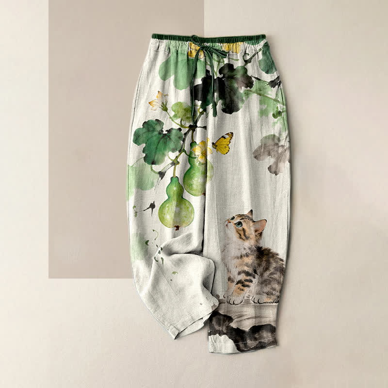 Buddha Stones Pure Cotton Gourd Vines Yellow Butterfly Cat Pattern Women's Elastic Waist Pants With Pockets - Ivory - US16，UK/AU20，EU48 (3XL) - image 4
