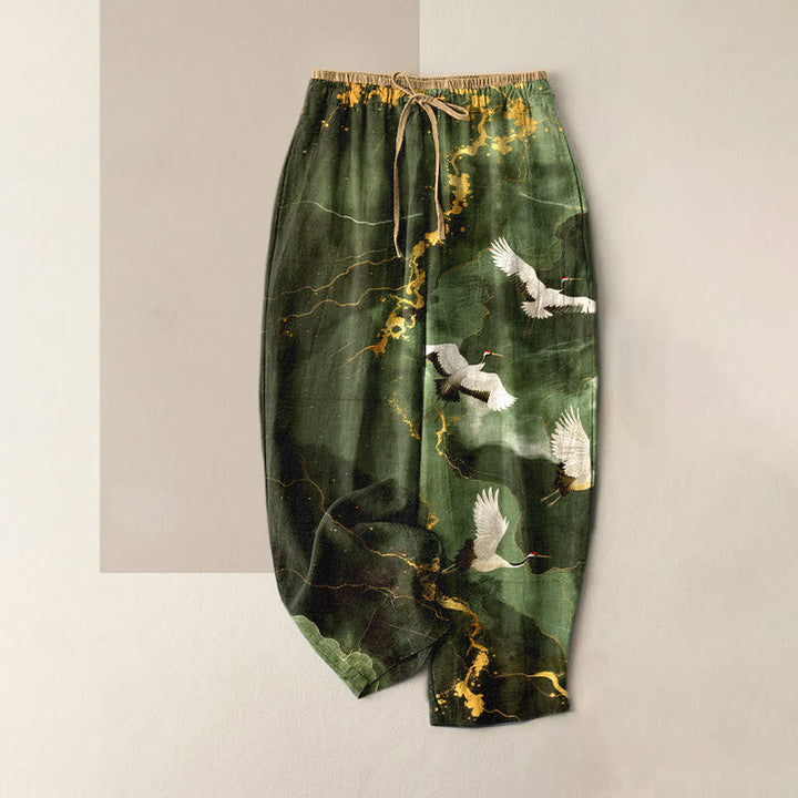 Buddha Stones Pure Cotton Elegant White Crane Gold Pattern Women's Elastic Waist Pants With Pockets - DarkOliveGreen - US16，UK/AU20，EU48 (3XL) - image 4