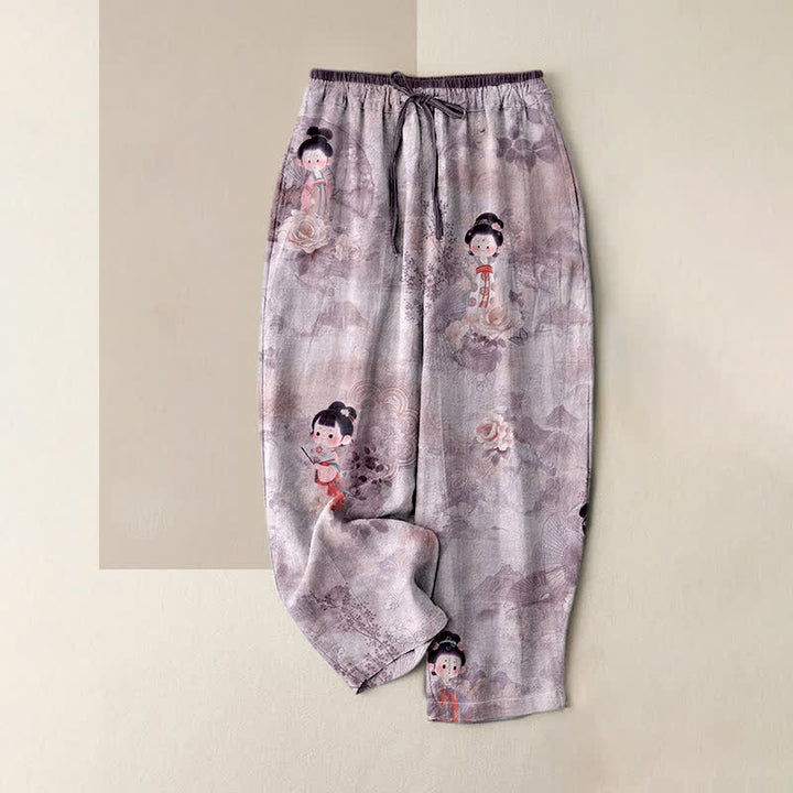 Buddha Stones Pure Cotton Vintage Geisha Floral Pattern Women's Elastic Waist Pants With Pockets - Plum - US16，UK/AU20，EU48 (3XL) - image 4