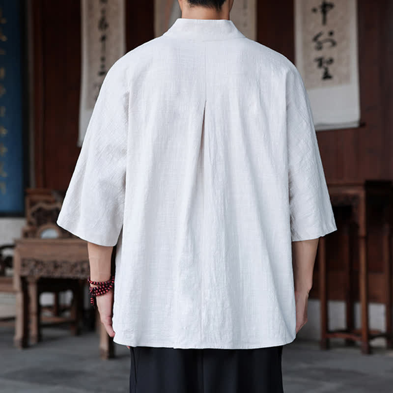 Buddha Stones Spring Summer Tang Style Minimalist Pankou Solid Men's Elbow-Length Shirts - image 20