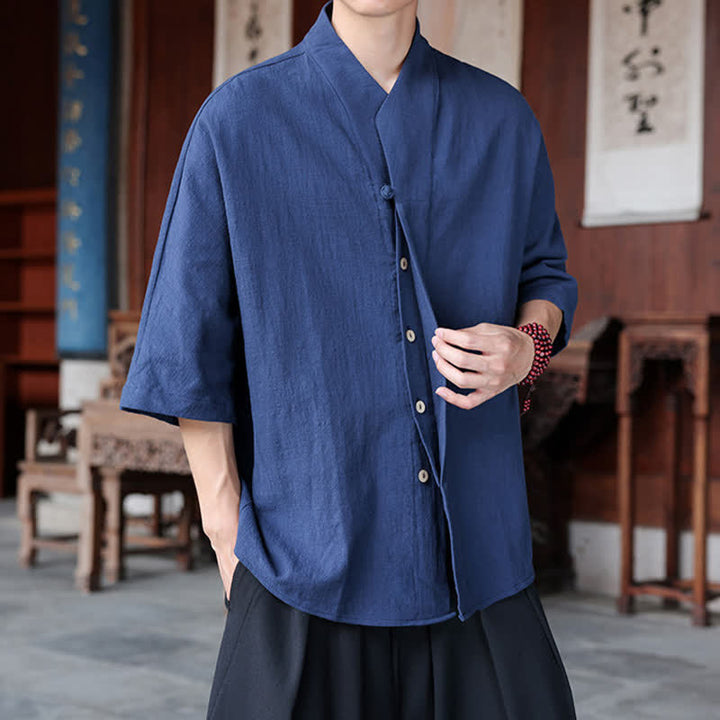 Buddha Stones Spring Summer Tang Style Minimalist Pankou Solid Men's Elbow-Length Shirts - image 4