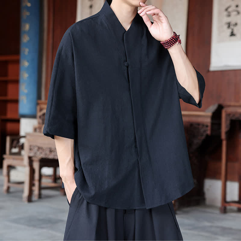 Buddha Stones Spring Summer Tang Style Minimalist Pankou Solid Men's Elbow-Length Shirts - image 13