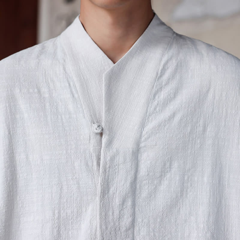 Buddha Stones Spring Summer Tang Style Minimalist Pankou Solid Men's Elbow-Length Shirts - image 26