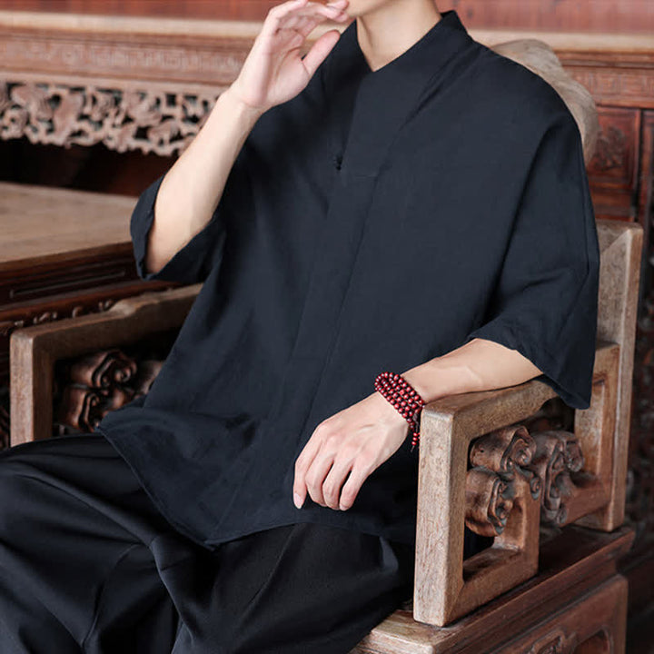 Buddha Stones Spring Summer Tang Style Minimalist Pankou Solid Men's Elbow-Length Shirts - image 16