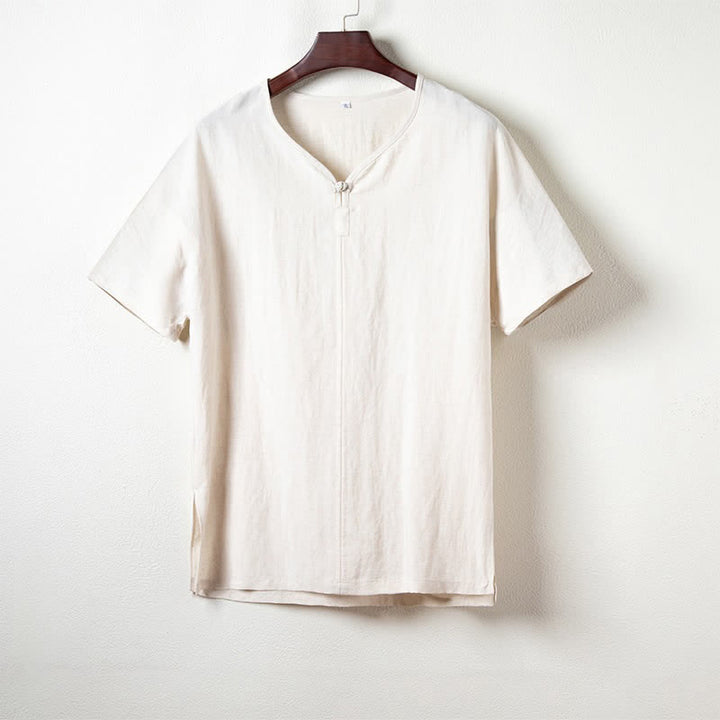 Buddha Stones Summer Casual Tang Style V-Neck Solid Men's Short Sleeve Shirts - Linen - US/UK/AU44，EU54 (4XL) - image 9