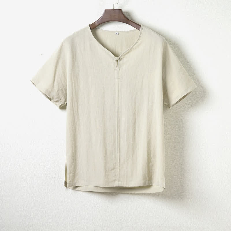 Buddha Stones Summer Casual Tang Style V-Neck Solid Men's Short Sleeve Shirts - Honeydew - US/UK/AU44，EU54 (4XL) - image 7