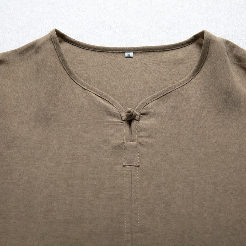 Buddha Stones Summer Casual Tang Style V-Neck Solid Men's Short Sleeve Shirts - image 3
