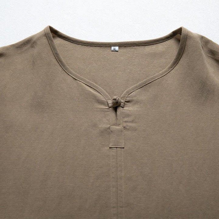 Buddha Stones Summer Casual Tang Style V-Neck Solid Men's Short Sleeve Shirts - image 3