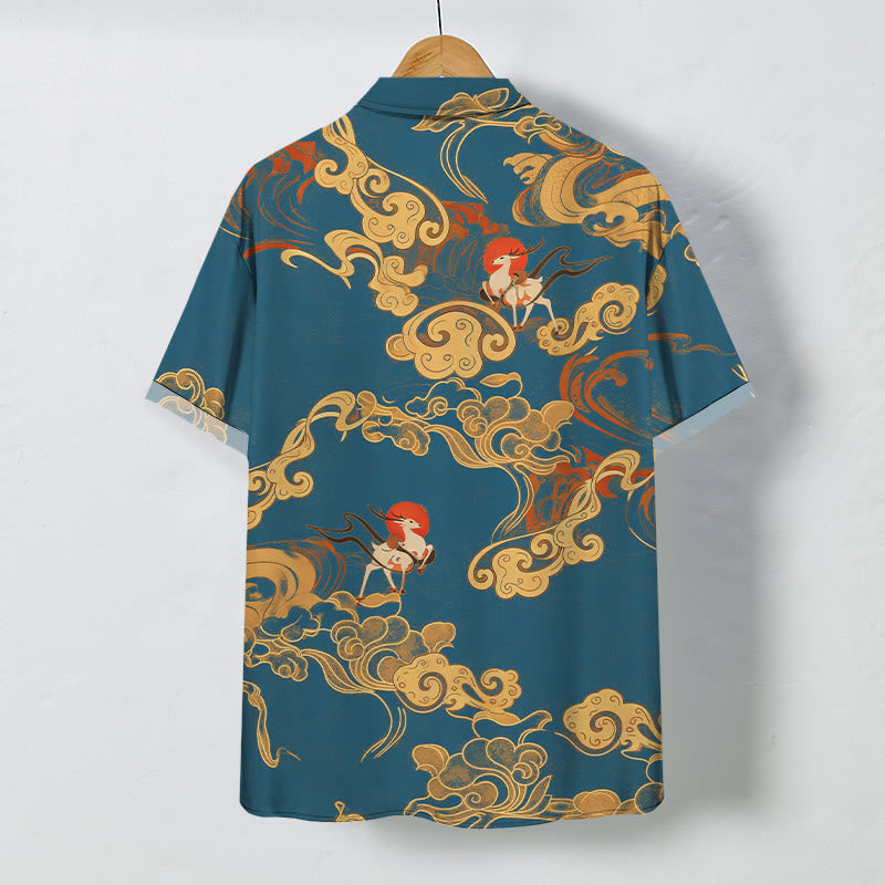 Buddha Stones Auspicious Cloud Celestial Crane Pattern Buttons Breathable Men's Short Sleeve Shirt - image 8