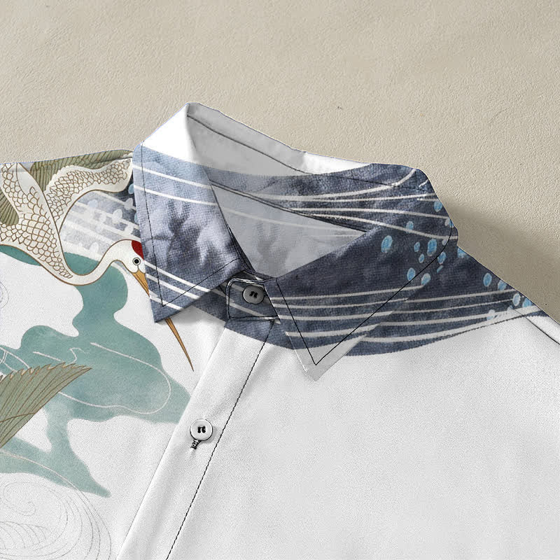 Buddha Stones Crane Wave Cloud Pattern Buttons Breathable Men's Short Sleeve Shirt - image 2