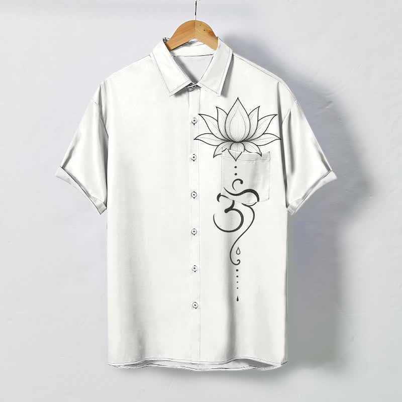 Buddha Stones Lotus Om Line Art Pattern Buttons Breathable Men's Short Sleeve Shirt - White - US/UK/AU48，EU58 (4XL) - image 0