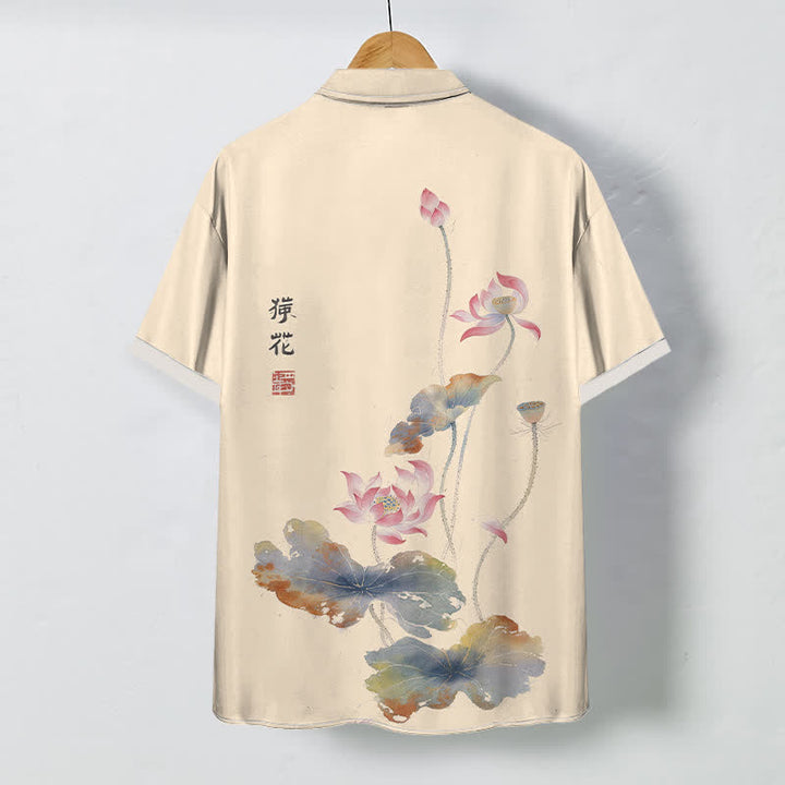 Buddha Stones Ink Lotus Calligraphy Pattern Buttons Breathable Men's Short Sleeve Shirt - image 4