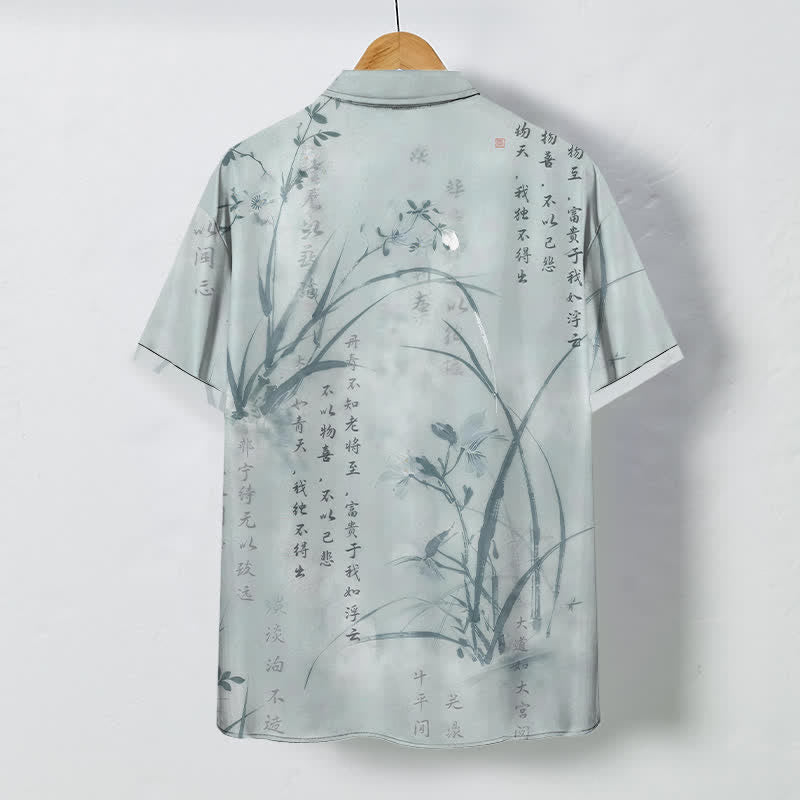 Buddha Stones Ink Bamboo Calligraphy Pattern Buttons Breathable Men's Short Sleeve Shirt - image 1