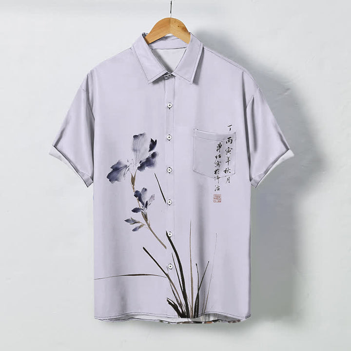 Buddha Stones Ink Floral Calligraphy Seal Pattern Buttons Breathable Men's Short Sleeve Shirt - Lavender - US/UK/AU48，EU58 (4XL) - image 0