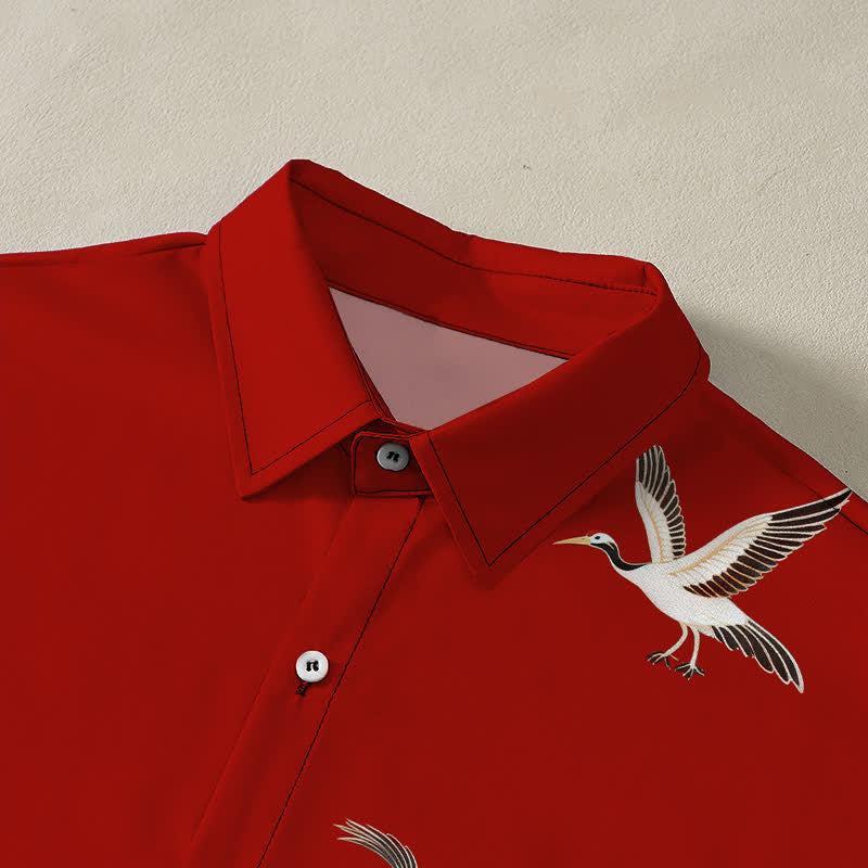 Buddha Stones Red Crane Cloud Pattern Buttons Wrinkle-resistant Men's Short Sleeve Shirt - image 2