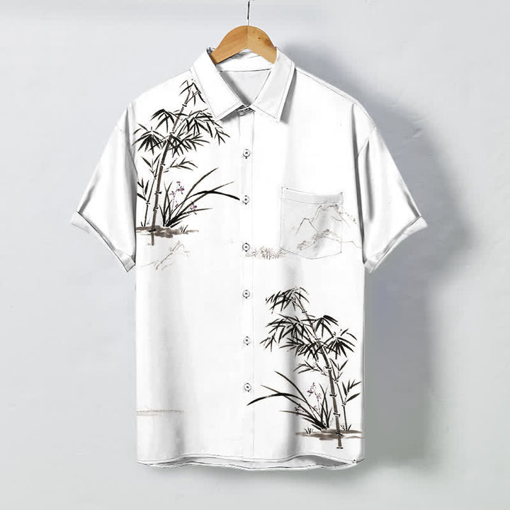 Buddha Stones Ink Bamboo Landscape Pattern Buttons Breathable Men's Short Sleeve Shirt - White - US/UK/AU48，EU58 (4XL) - image 0