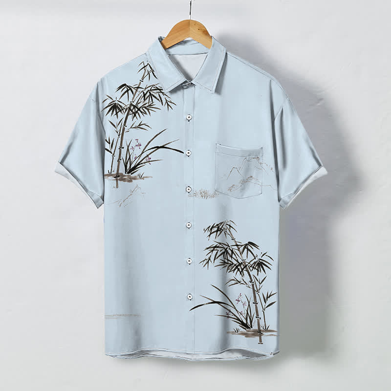 Buddha Stones Ink Bamboo Landscape Pattern Buttons Breathable Men's Short Sleeve Shirt - PowderBlue - US/UK/AU48，EU58 (4XL) - image 3