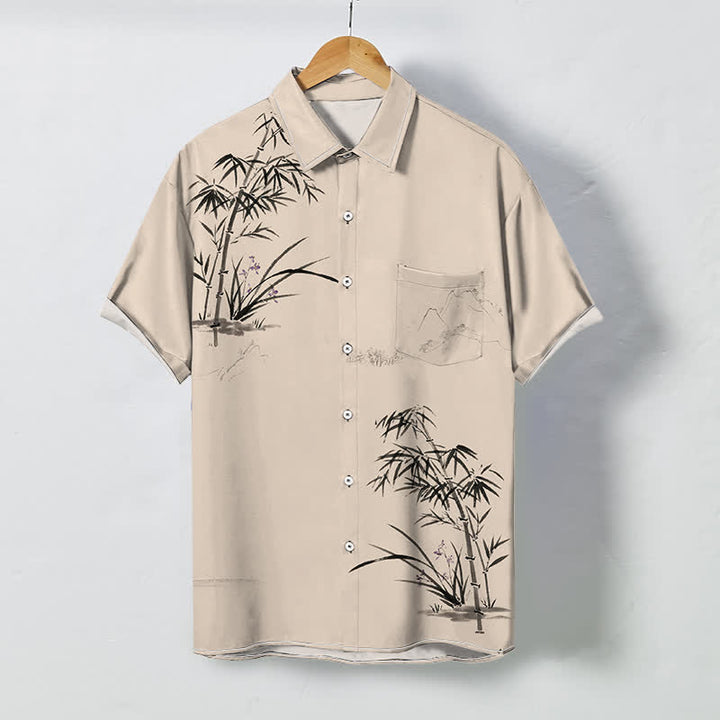 Buddha Stones Ink Bamboo Landscape Pattern Buttons Breathable Men's Short Sleeve Shirt - AntiqueWhite - US/UK/AU48，EU58 (4XL) - image 5
