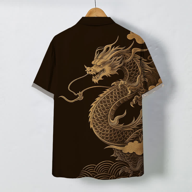 Buddha Stones Golden Eastern Dragon Pattern Buttons Breathable Men's Short Sleeve Shirt - image 1