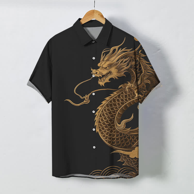 Buddha Stones Golden Eastern Dragon Pattern Buttons Breathable Men's Short Sleeve Shirt - Black - US/UK/AU48，EU58 (4XL) - image 5