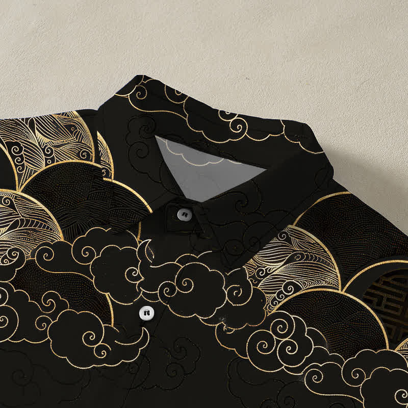 Buddha Stones Golden Cloud Wave Moon Pattern Buttons Breathable Men's Short Sleeve Shirt - image 2
