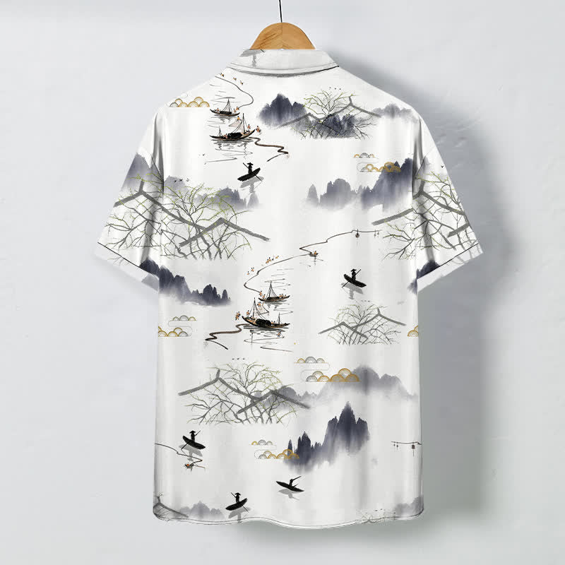 Buddha Stones Ink Landscape Mountain Boat Pattern Buttons Breathable Men's Short Sleeve Shirt - image 1