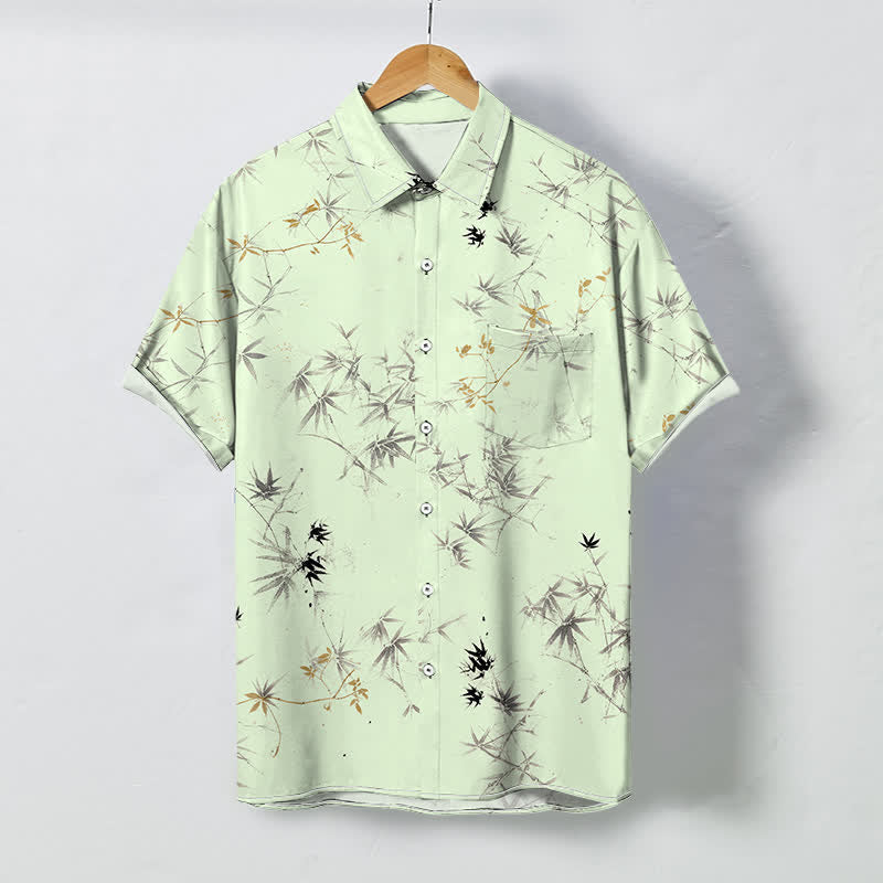 Buddha Stones Ink Bamboo Leaves Pattern Buttons Breathable Men's Short Sleeve Shirt - Honeydew - US/UK/AU48，EU58 (4XL) - image 3