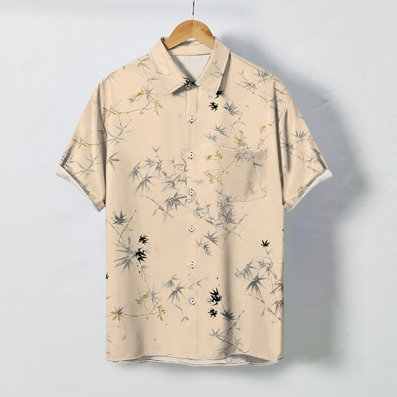 Buddha Stones Ink Bamboo Leaves Pattern Buttons Breathable Men's Short Sleeve Shirt - Wheat - US/UK/AU48，EU58 (4XL) - image 5