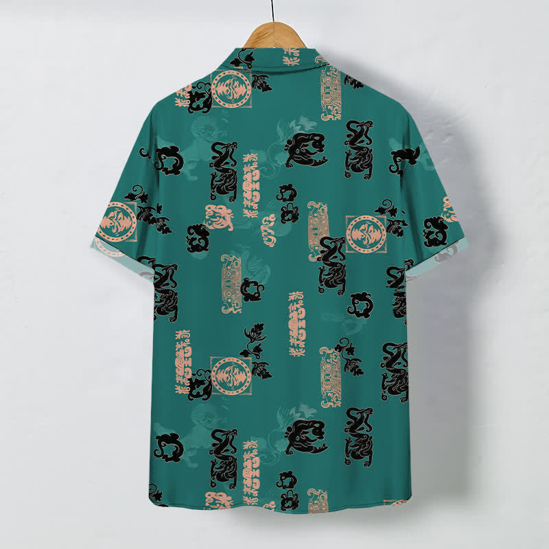 Buddha Stones Vintage Teal Letter Pattern Buttons Breathable Men's Short Sleeve Shirt - image 1