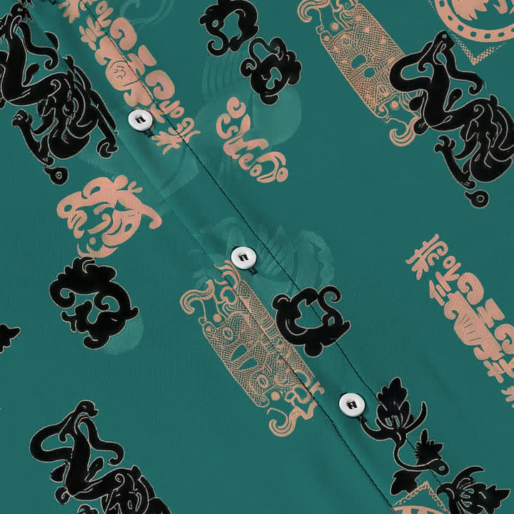 Buddha Stones Vintage Teal Letter Pattern Buttons Breathable Men's Short Sleeve Shirt - image 3