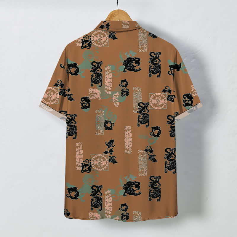 Buddha Stones Vintage Teal Letter Pattern Buttons Breathable Men's Short Sleeve Shirt - image 6