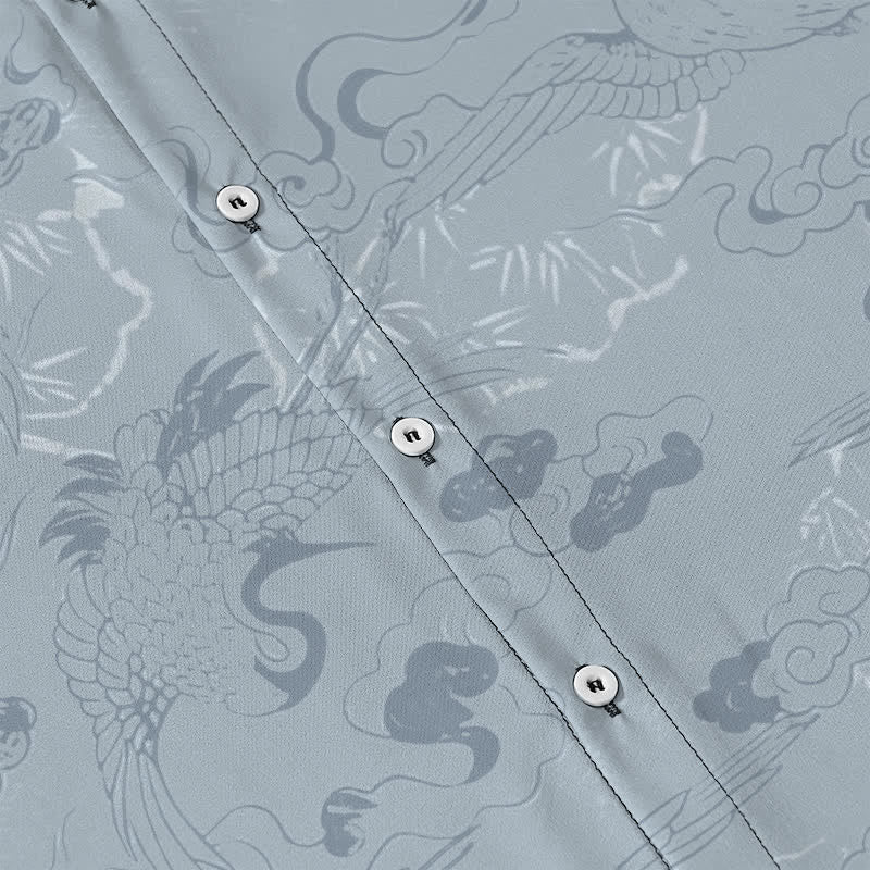Buddha Stones Cloud Crane Pattern Buttons Breathable Men's Short Sleeve Shirt - image 3