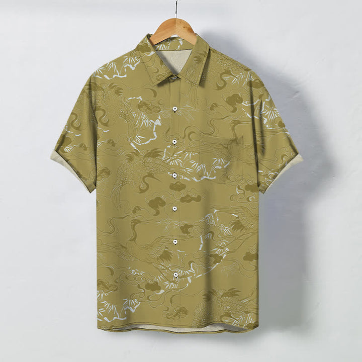 Buddha Stones Cloud Crane Pattern Buttons Breathable Men's Short Sleeve Shirt - DarkKhaki - US/UK/AU48，EU58 (4XL) - image 7