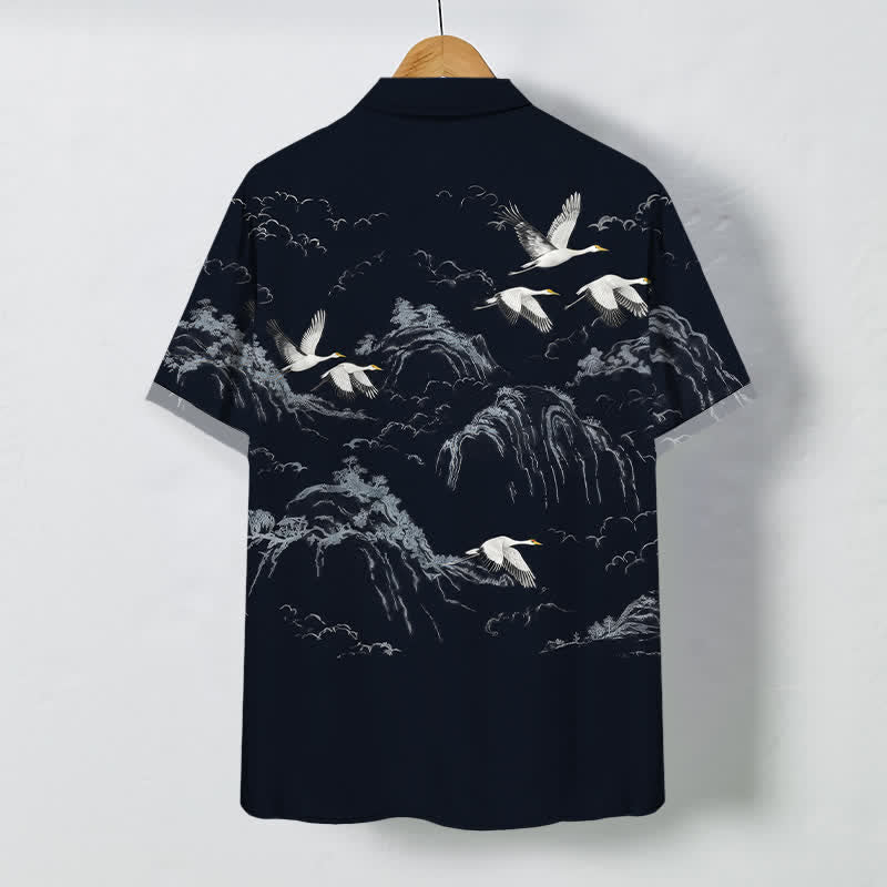 Buddha Stones Ink Crane Mountain Cloud Pattern Buttons Breathable Men's Short Sleeve Shirt - image 1