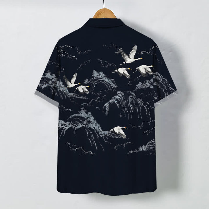Buddha Stones Ink Crane Mountain Cloud Pattern Buttons Breathable Men's Short Sleeve Shirt - image 1