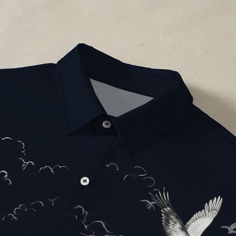 Buddha Stones Ink Crane Mountain Cloud Pattern Buttons Breathable Men's Short Sleeve Shirt - image 2
