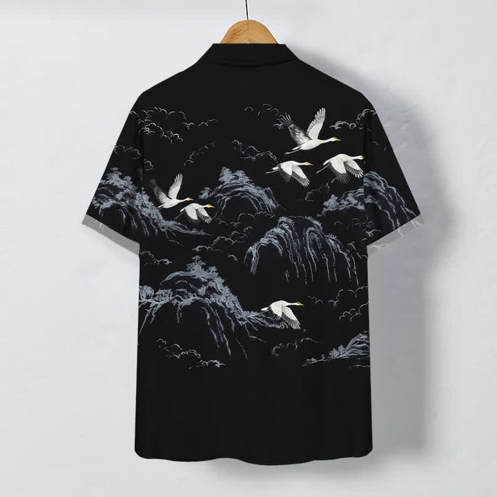 Buddha Stones Ink Crane Mountain Cloud Pattern Buttons Breathable Men's Short Sleeve Shirt - image 6