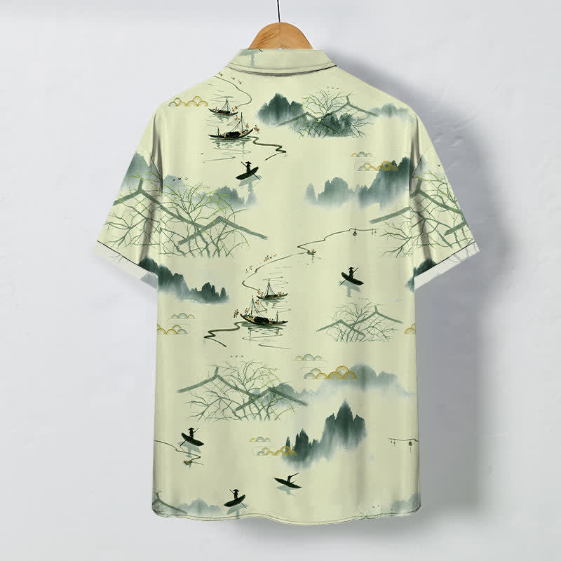 Buddha Stones Ink Landscape Mountain Boat Pattern Buttons Breathable Men's Short Sleeve Shirt - image 6