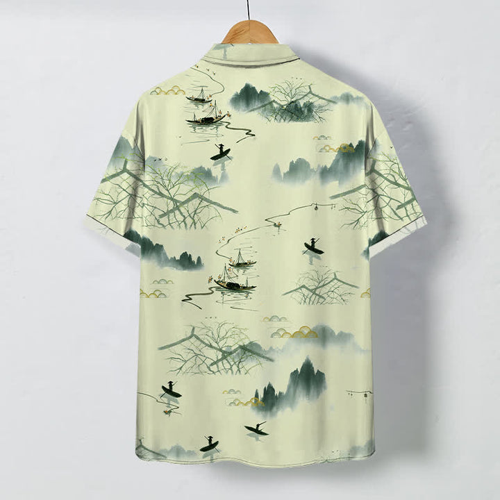 Buddha Stones Ink Landscape Mountain Boat Pattern Buttons Breathable Men's Short Sleeve Shirt - image 6