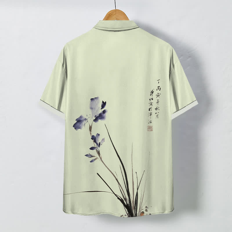 Buddha Stones Ink Floral Calligraphy Seal Pattern Buttons Breathable Men's Short Sleeve Shirt - image 6