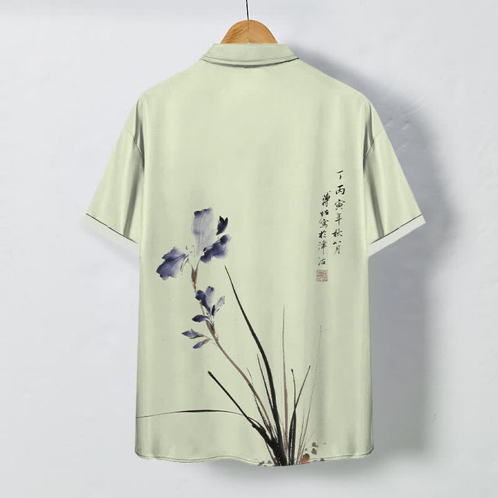 Buddha Stones Ink Floral Calligraphy Seal Pattern Buttons Breathable Men's Short Sleeve Shirt - image 6