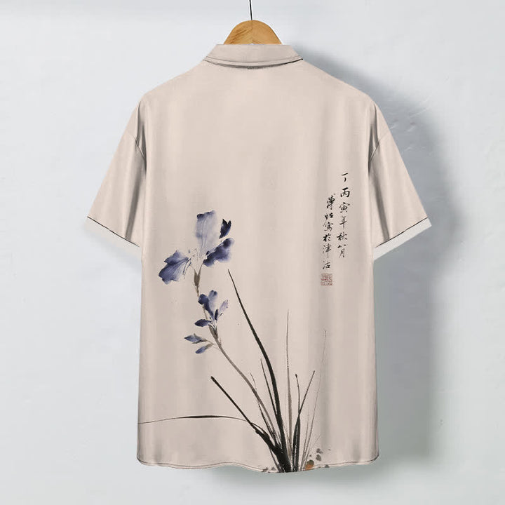 Buddha Stones Ink Floral Calligraphy Seal Pattern Buttons Breathable Men's Short Sleeve Shirt - image 8