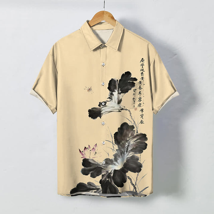 Buddha Stones Ink Floral Calligraphy Pattern Buttons Breathable Men's Short Sleeve Shirt - Wheat - US/UK/AU48，EU58 (4XL) - image 5