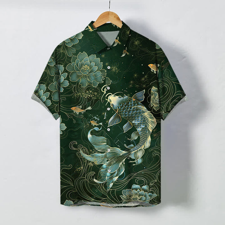 Buddha Stones Blue Koi Lotus Pattern Buttons Breathable Men's Short Sleeve Shirt - DarkGreen - US/UK/AU48，EU58 (4XL) - image 5