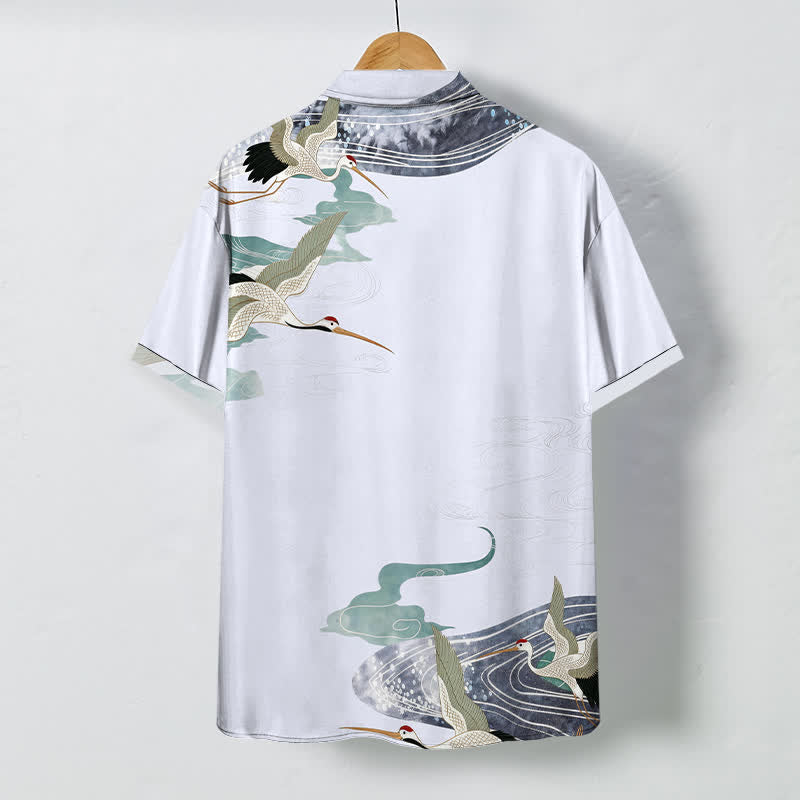 Buddha Stones Crane Wave Cloud Pattern Buttons Breathable Men's Short Sleeve Shirt - image 8