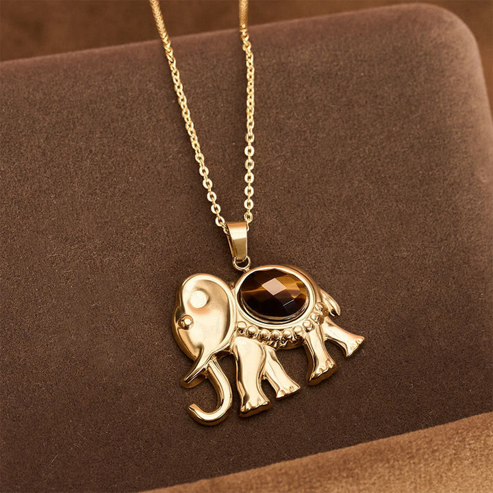 Buddha Stones Gold Plated Tiger Eye Elephant Protection Necklace - Tiger Eye(Confidence ♥ Focus) - image 0