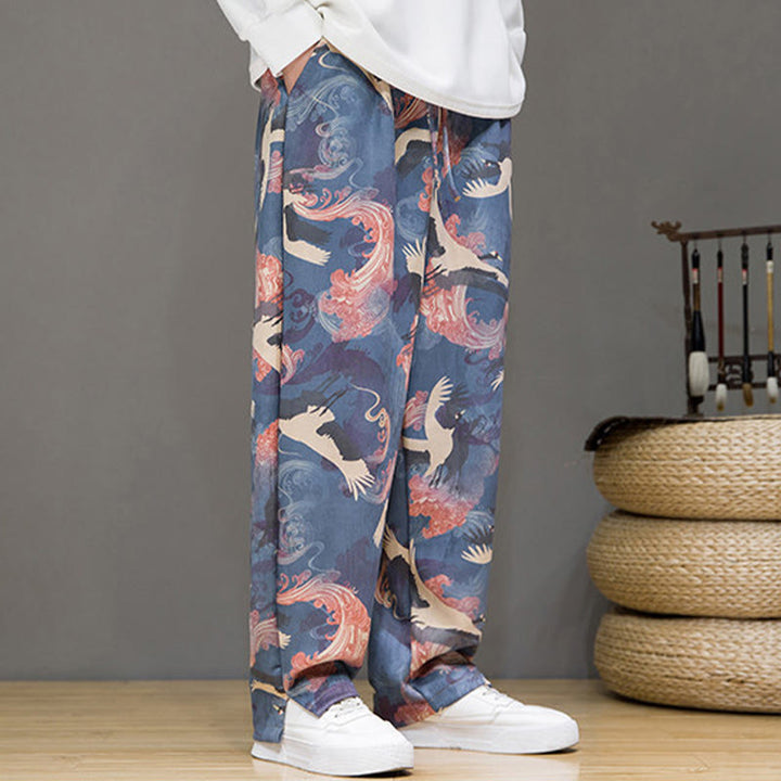 Buddha Stones Spring Summer Casual Drawstring Crane Print Ankle Pants Men's Harem Pants With Pockets - image 3